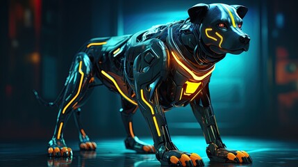 A futuristic robot dog with neon lights - obrazy, fototapety, plakaty