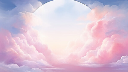 round frame arch among pink clouds, banner watercolor soft colors softpastel, heavenly paradise atmosphere - obrazy, fototapety, plakaty