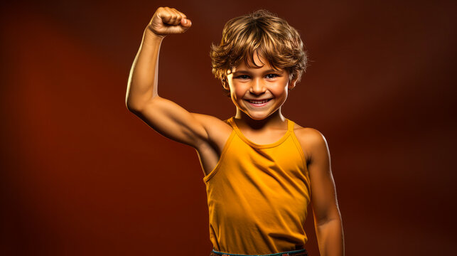 Triumphant young boy showcasing muscles on small podium, embodying victory against gold-gradient metallic background. Generative AI