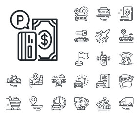 Paid car park sign. Plane, supply chain and place location outline icons. Parking payment line icon. Transport place symbol. Parking payment line sign. Taxi transport, rent a bike icon. Vector