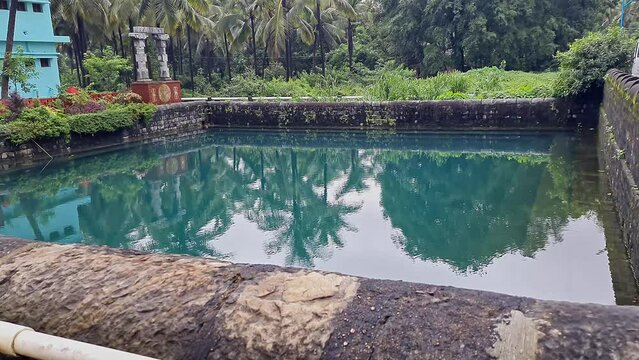 A historical water tank, pushkarini, or reservoir pool at an ancient temple