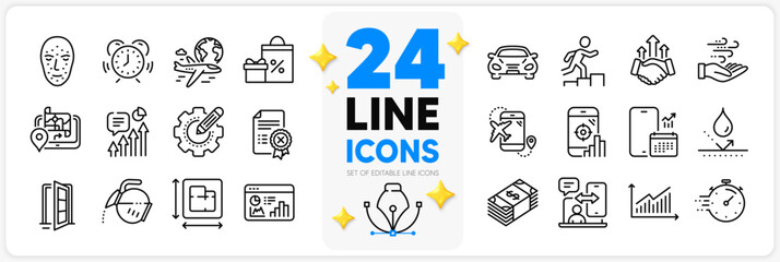 Icons set of International flight, Shopping and Seo phone line icons pack for app with Car, Time management, Open door thin outline icon. Phone calendar, Timer, Kpi pictogram. Coffee pot. Vector