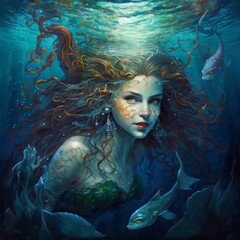 Mermaids, portrait, face close, underwater background fantasy illustration, fantasy
portrait, close-up, underwater world background, 