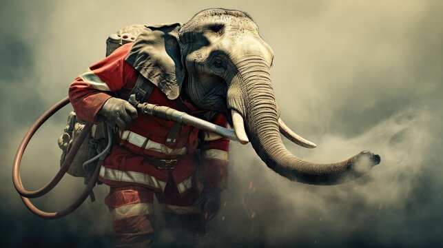 A firefighter elephant with a hose.