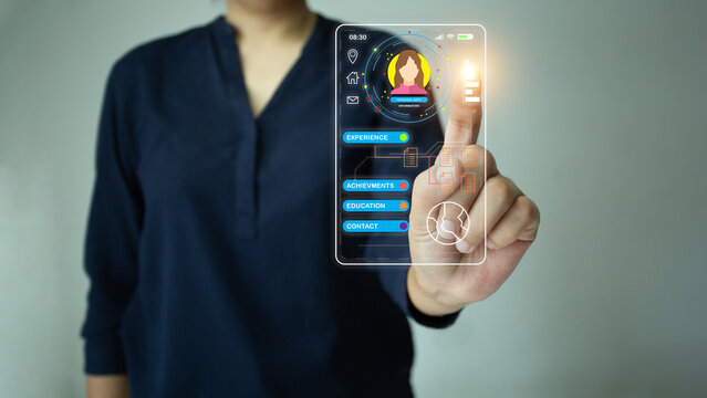 Step into future workplace, where a supervisor checks office workers information via a captivating hologram application. Embrace the digital innovation. Business human resources and Technology concept - Powered by Adobe