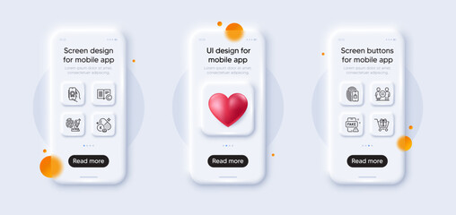Fototapeta na wymiar Vitamin k, Award app and Fingerprint research line icons pack. 3d phone mockups with heart. Glass smartphone screen. Shopping cart, Copyright, Equality web icon. Lock, Fake news pictogram. Vector