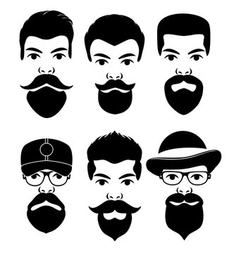 A set of bearded male faces. A set of silhouettes with hipsters with different haircuts, mustaches, beards. Silhouettes, avatars, heads, emblems, icons, labels. Vector illustration