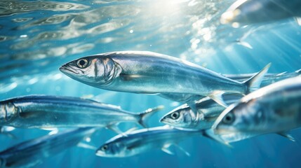 anchovies swimming in groups in the water - obrazy, fototapety, plakaty