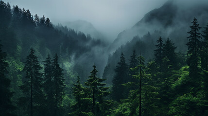 Obraz premium misty autumn coniferous evergreen forest in the mountains nature landscape panoramic view