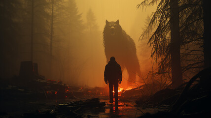 werewolf silhouette fear horror in the forest ghoul ancient horror fairy tale beast wolf predator in the fog of the night forest