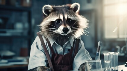 A scientist raccoon with a lab coat and goggles.