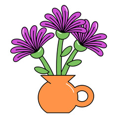 Fresh flowers purpur abstract bouquets. Geometric vases with bouquets of flowers in a trendy cartoon style. Botanical elements. Vintage groovy composition with hippie flowers.