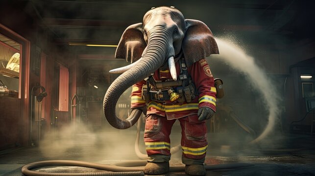 A firefighter elephant with a hose.