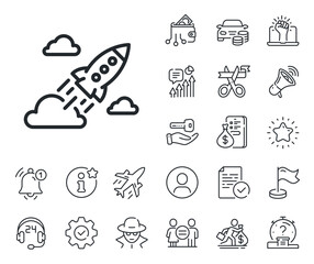 Launch Project sign. Salaryman, gender equality and alert bell outline icons. Startup rocket line icon. Innovation symbol. Startup rocket line sign. Spy or profile placeholder icon. Vector