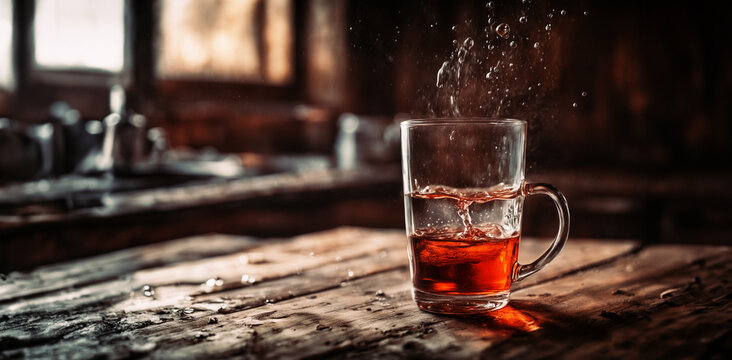 immagine primo piano di bicchiere con liquido in ebollizione, su vecchia e logora superficie in legno, sfondo sfuocato