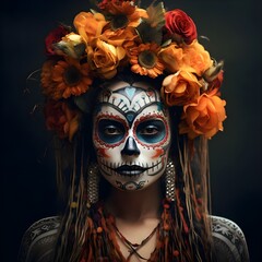 Mexican holiday of the dead and halloween. Woman with skull make up and flowers.