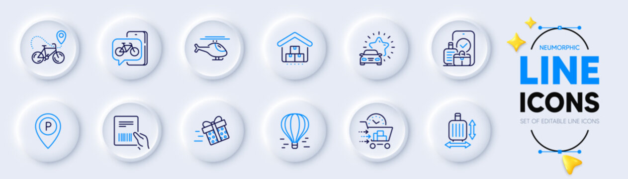 Present delivery, Baggage size and Air balloon line icons for web app. Pack of Bike app, Storage, Helicopter pictogram icons. Car review, Bike delivery, Parking signs. Parcel invoice. Vector