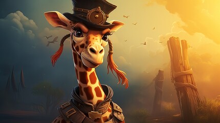 A pirate giraffe with a pirate hat and treasure