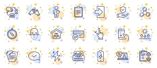 Outline set of Power, Battery charging and Chemistry molecule line icons for web app. Include Sun protection, Clapping hands, Login pictogram icons. Online loan, Friend, Documents signs. Vector