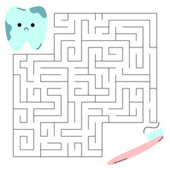 Maze game for kids. Cute toothbrush looking for a way to the little tooth. The concept of brushing teeth. Child character for dentistry. Printable worksheet with solution for school and preschool.