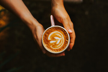 Women's hands holding a cup of cappuccino on a dark background. A stylish concept for advertising...