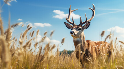 Deer - Deer in the forest - Deer in the pasture - Deer with blue sky - Created with Generative AI technology.