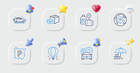 Add handbag, Car service and Parking line icons. Buttons with 3d bell, chat speech, cursor. Pack of Delivery service, Car, Air balloon icon. Pin, Packing boxes pictogram. For web app, printing. Vector