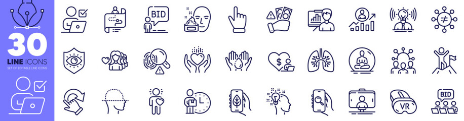 Face cream, Cursor and Friend line icons pack. Vr, Fingerprint, Face scanning web icon. Search app, Delivery man, Auction pictogram. Rotation gesture, Eye protection, Yoga. Lungs. Vector