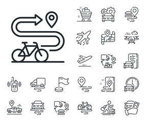 Delivery bicycle transport sign. Plane, supply chain and place location outline icons. Bike path line icon. Sport activity symbol. Bike path line sign. Taxi transport, rent a bike icon. Vector
