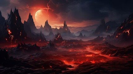 Undiscovered volcanic planet, landscapes of the planet Filled with volcanic wasteland.Created with Generative Ai technology.