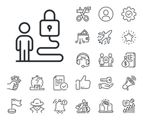 Security access sign. Salaryman, gender equality and alert bell outline icons. Lock line icon. Online padlock symbol. Lock line sign. Spy or profile placeholder icon. Online support, strike. Vector