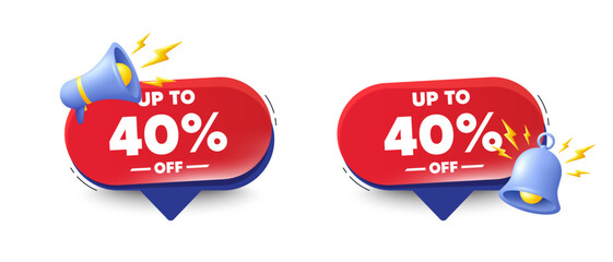 Up to 40 percent off sale. Speech bubbles with 3d bell, megaphone. Discount offer price sign. Special offer symbol. Save 40 percentages. Discount tag chat speech message. Red offer talk box. Vector