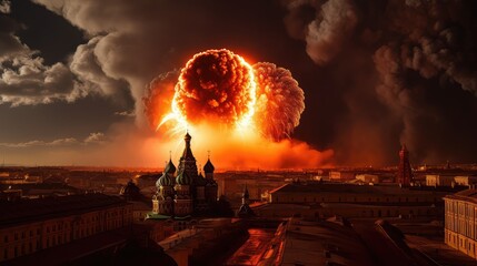 Nuclear explosion in Moscow. Bomb explosion on Red Square. Fall of Russia. A beautiful view of the sphere of burning Moscow. Fire mushroom.