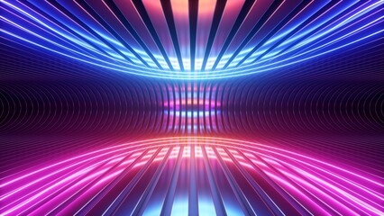 3d render. Abstract futuristic neon background. Rounded red blue lines, glowing against a backdrop of metal strips. Ultraviolet spectrum. Cyber space.