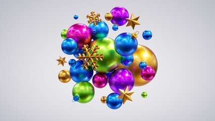 3d render, Christmas holiday ornaments. Blue green pink and gold glass balls, golden stars, metallic snowflakes isolated on white background. Arrangement of levitating objects