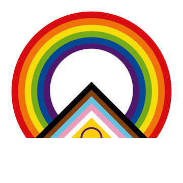 Logo in the colors of the rainbow; pride rainbow.
