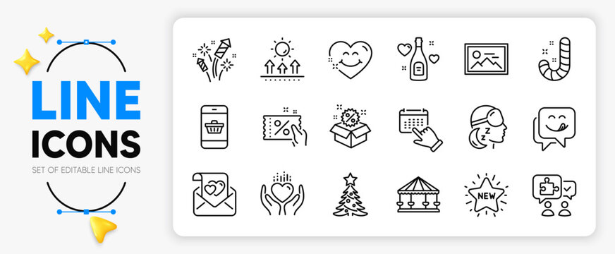 Love champagne, Insomnia and Love letter line icons set for app include Smile face, Sale, Sun protection outline thin icon. Carousels, Candy, Photo pictogram icon. Event click, New star. Vector