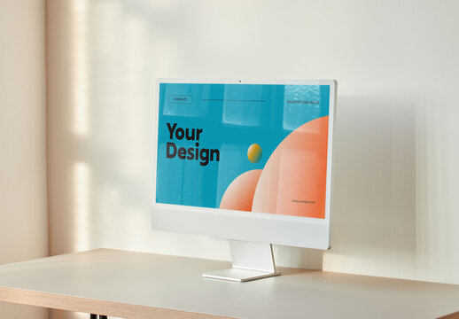 Mockup of all in one desktop computer with customizable screen on desk