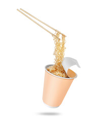 Instant noodles on wooden chopstick from a cardboard cup