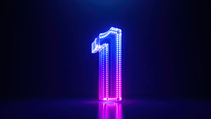 3d rendering, pink blue neon number one, isolated on dark blue background with reflection. Digital sign 1 glowing in ultraviolet light - obrazy, fototapety, plakaty