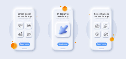 Search employee, Speedometer and Wall lamp line icons pack. 3d phone mockups with cursor. Glass smartphone screen. Growth chart, Buying, Timer web icon. Vector