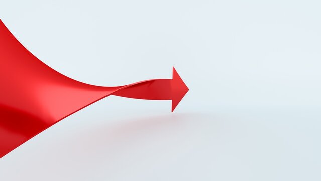 3d render, abstract red arrow, twisted ribbon, isolated on white background. Direction symbol