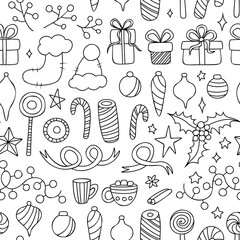 Vector seamless pattern with hand drawn elements. Cute design for Christmas wrappings, textile, wallpaper and backgrounds.