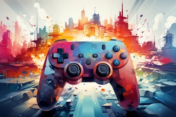 Abstract modern digital colorful art made with gaming console and geometric shapes.