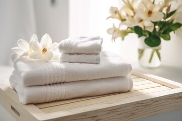 Fototapeta na wymiar stacked bath towels and beautiful flowers, spa concept