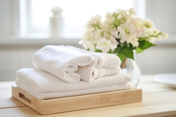 Obraz na płótnie Canvas stacked bath towels and beautiful flowers, spa concept