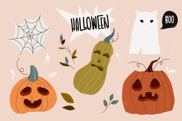 set cute vector cartoon elements Happy Halloween. Set of pumpkins with spider web, ghost, boo. Color vector elements. trendy Halloween design with decorative pumpkins 