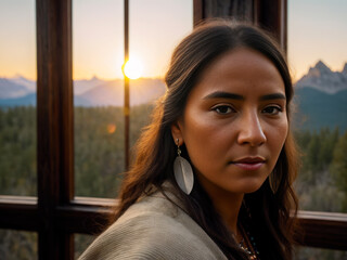 Portrait of a beautiful very old Native American woman in national dress . Indigenous Travel concept.