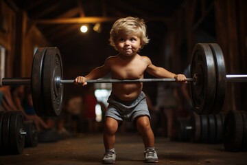 Fototapeta na wymiar Little boy lifting a heavy barbell.