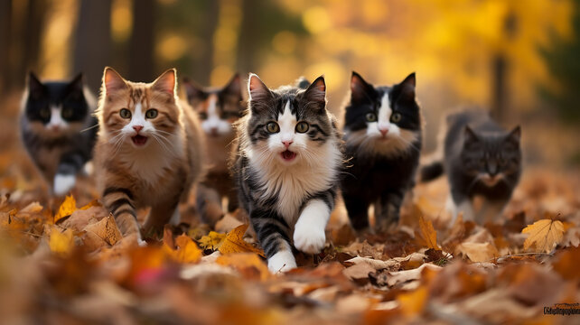 a group of cute cats running towards in autumn leaves leaf fall sunny day in the park